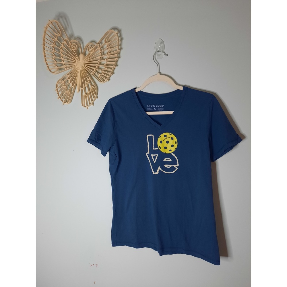 Life is Good Womens Pickleball Love Crusher Tee Navy Blue V-Neck T-Shirt Medium